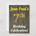 [ Thumbnail: Faux Wood, Faux Gold 7th Birthday Celebration Invitation ]
