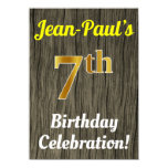 [ Thumbnail: Faux Wood, Faux Gold 7th Birthday Celebration Invitation ]