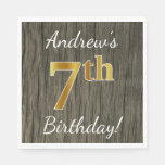 [ Thumbnail: Faux Wood, Faux Gold 7th Birthday + Custom Name Paper Napkin ]