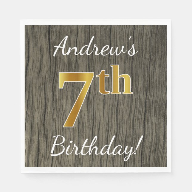 Faux Wood, Faux Gold 7th Birthday + Custom Name Paper Napkins (Front)