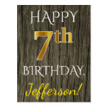 [ Thumbnail: Faux Wood, Faux Gold 7th Birthday + Custom Name Postcard ]