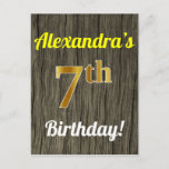 [ Thumbnail: Faux Wood, Faux Gold 7th Birthday & Custom Name Postcard ]