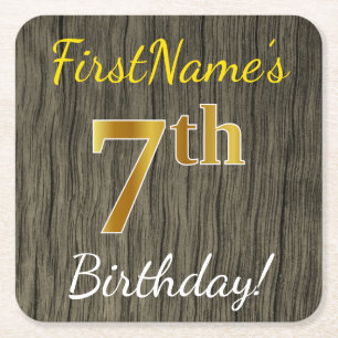 Faux Wood, Faux Gold 7th Birthday + Custom Name Square Paper Coaster