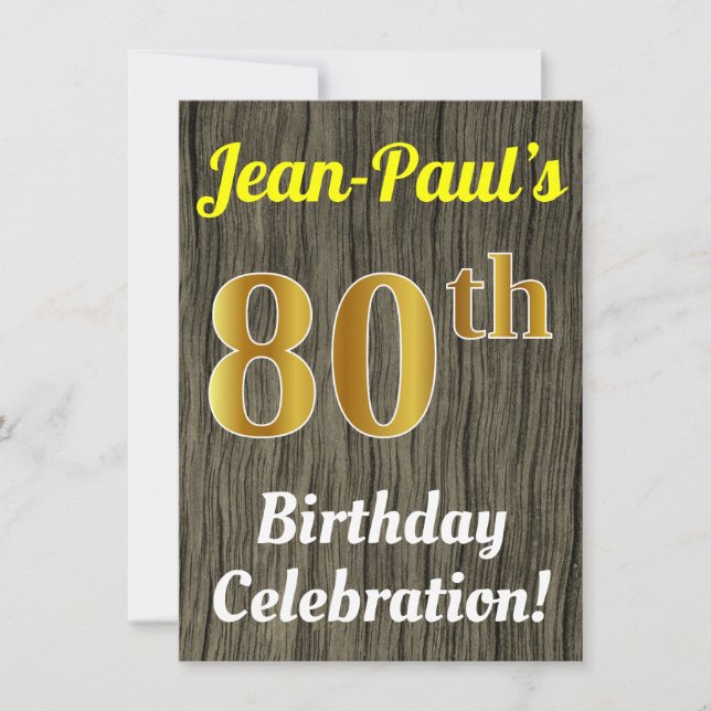 Faux Wood, Faux Gold 80th Birthday Celebration Invitation (Front)