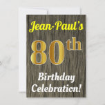 [ Thumbnail: Faux Wood, Faux Gold 80th Birthday Celebration Invitation ]