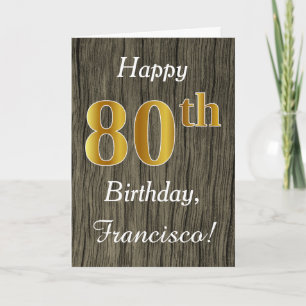 Faux Wood, Faux Gold 80th Birthday + Custom Name Card