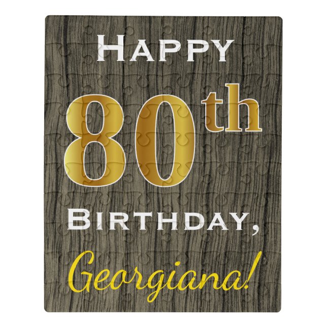 Faux Wood, Faux Gold 80th Birthday + Custom Name Jigsaw Puzzle (Puzzle Vertical)