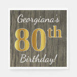 [ Thumbnail: Faux Wood, Faux Gold 80th Birthday + Custom Name Paper Napkin ]