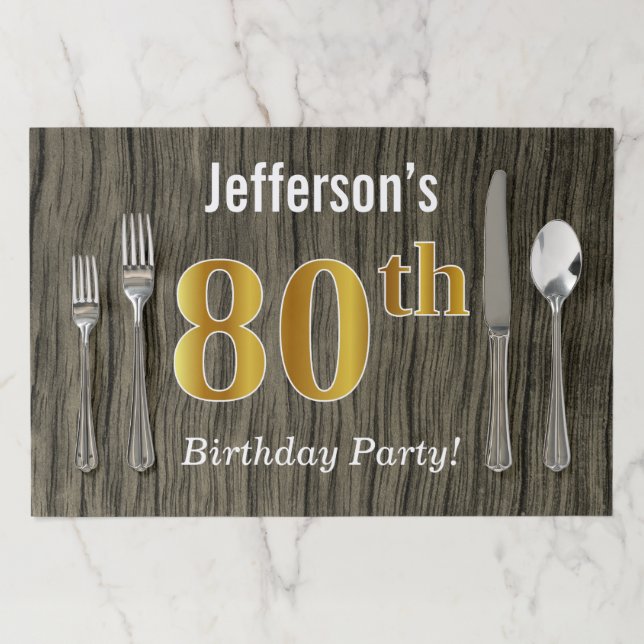 Faux Wood, Faux Gold 80th Birthday + Custom Name Paper Placemat (In Situ)