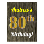 [ Thumbnail: Faux Wood, Faux Gold 80th Birthday & Custom Name Postcard ]