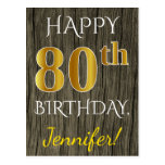 [ Thumbnail: Faux Wood, Faux Gold 80th Birthday + Custom Name Postcard ]