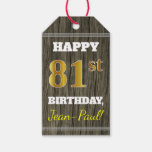 [ Thumbnail: Faux Wood, Faux Gold 81st Birthday + Custom Name Gift Tags ]