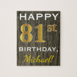 [ Thumbnail: Faux Wood, Faux Gold 81st Birthday + Custom Name Jigsaw Puzzle ]