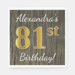 [ Thumbnail: Faux Wood, Faux Gold 81st Birthday + Custom Name Paper Napkin ]