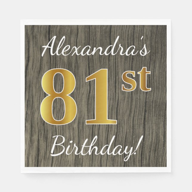 Faux Wood, Faux Gold 81st Birthday + Custom Name Paper Napkins (Front)
