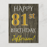 [ Thumbnail: Faux Wood, Faux Gold 81st Birthday + Custom Name Postcard ]
