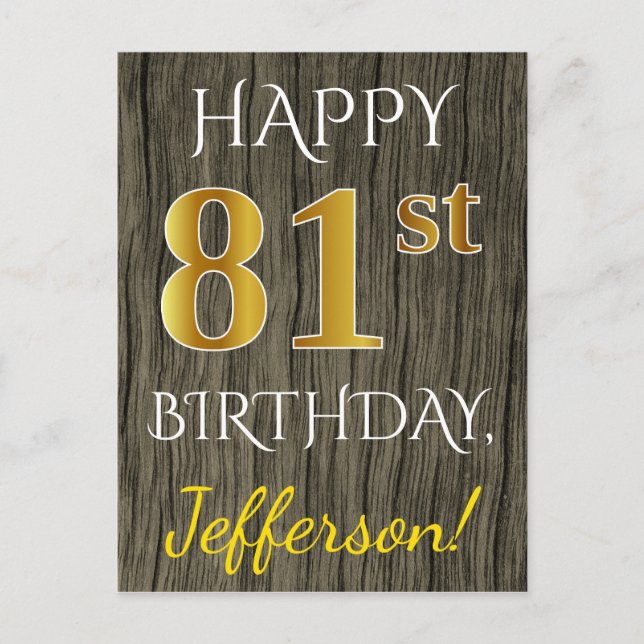 Faux Wood, Faux Gold 81st Birthday + Custom Name Postcard (Front)