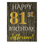 [ Thumbnail: Faux Wood, Faux Gold 81st Birthday + Custom Name Postcard ]