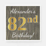 [ Thumbnail: Faux Wood, Faux Gold 82nd Birthday + Custom Name Paper Napkin ]