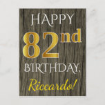 [ Thumbnail: Faux Wood, Faux Gold 82nd Birthday + Custom Name Postcard ]