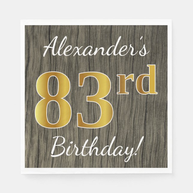 Faux Wood, Faux Gold 83rd Birthday + Custom Name Napkins (Front)
