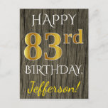 [ Thumbnail: Faux Wood, Faux Gold 83rd Birthday + Custom Name Postcard ]