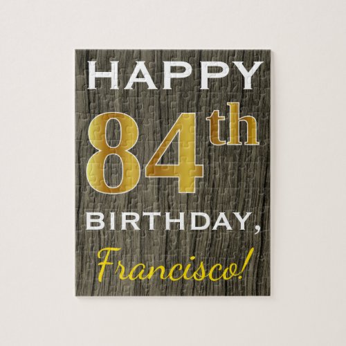 Faux Wood Faux Gold 84th Birthday  Custom Name Jigsaw Puzzle