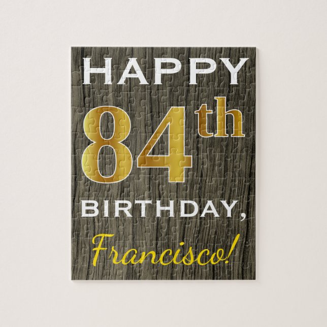 Faux Wood, Faux Gold 84th Birthday + Custom Name Jigsaw Puzzle (Vertical)