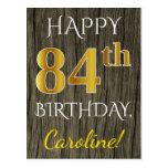 [ Thumbnail: Faux Wood, Faux Gold 84th Birthday + Custom Name Postcard ]