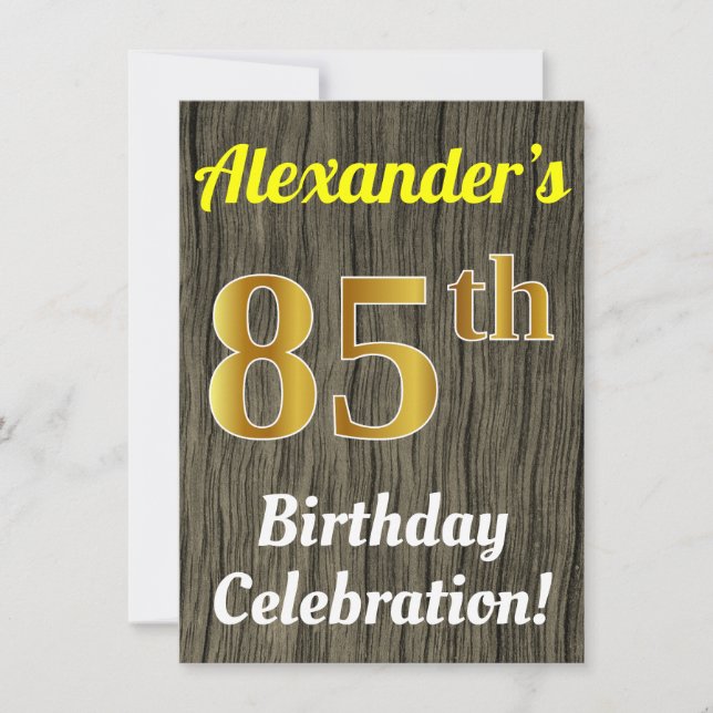 Faux Wood, Faux Gold 85th Birthday Celebration Invitation (Front)