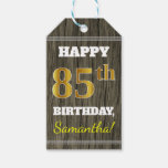 [ Thumbnail: Faux Wood, Faux Gold 85th Birthday + Custom Name Gift Tags ]