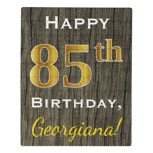 Faux Wood, Faux Gold 85th Birthday + Custom Name Jigsaw Puzzle (Puzzle Vertical)