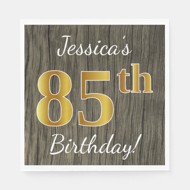 Faux Wood, Faux Gold 85th Birthday + Custom Name Napkins (Front)