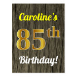 [ Thumbnail: Faux Wood, Faux Gold 85th Birthday & Custom Name Postcard ]