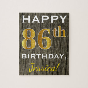 Faux Wood, Faux Gold 86th Birthday + Custom Name Jigsaw Puzzle