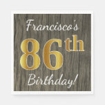 [ Thumbnail: Faux Wood, Faux Gold 86th Birthday + Custom Name Napkins ]