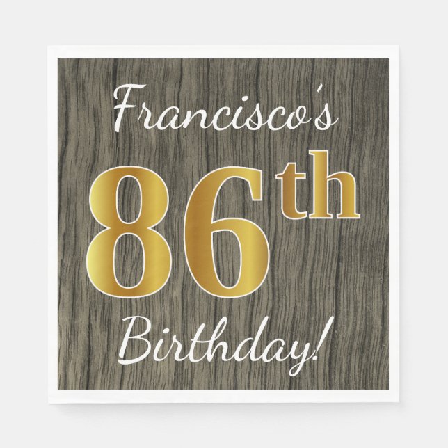 Faux Wood, Faux Gold 86th Birthday + Custom Name Paper Napkins (Front)