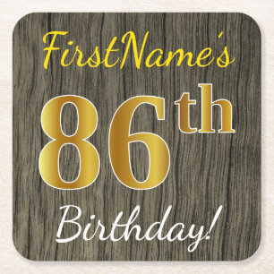 Faux Wood, Faux Gold 86th Birthday + Custom Name Square Paper Coaster