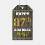 [ Thumbnail: Faux Wood, Faux Gold 87th Birthday + Custom Name Gift Tags ]