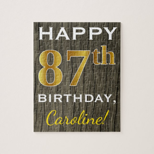 Faux Wood, Faux Gold 87th Birthday + Custom Name Jigsaw Puzzle (Vertical)
