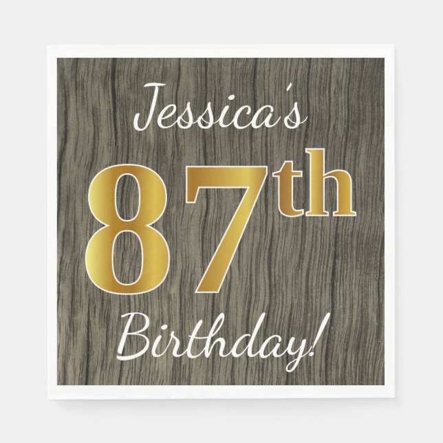Faux Wood, Faux Gold 87th Birthday + Custom Name Napkins (Front)