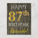 [ Thumbnail: Faux Wood, Faux Gold 87th Birthday + Custom Name Postcard ]