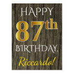 [ Thumbnail: Faux Wood, Faux Gold 87th Birthday + Custom Name Postcard ]