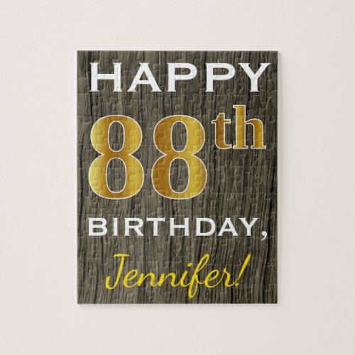 Faux Wood Faux Gold 88th Birthday  Custom Name Jigsaw Puzzle