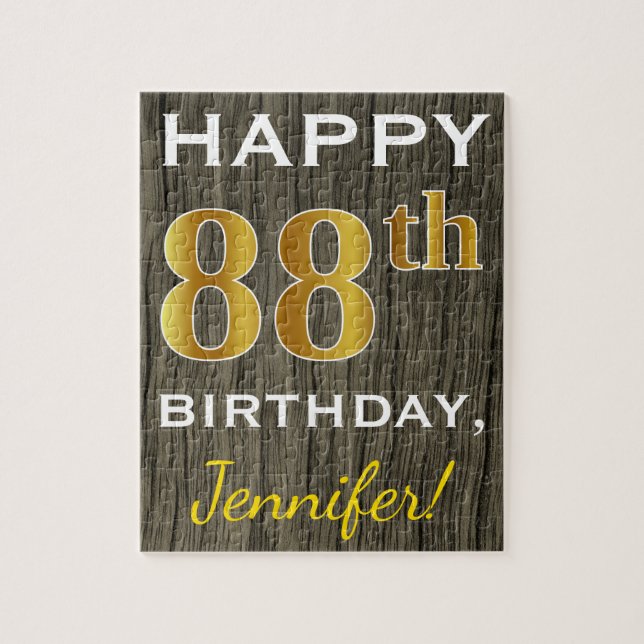 Faux Wood, Faux Gold 88th Birthday + Custom Name Jigsaw Puzzle (Vertical)