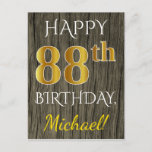 [ Thumbnail: Faux Wood, Faux Gold 88th Birthday + Custom Name Postcard ]