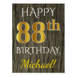 [ Thumbnail: Faux Wood, Faux Gold 88th Birthday + Custom Name Postcard ]