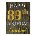 [ Thumbnail: Faux Wood, Faux Gold 89th Birthday + Custom Name Postcard ]