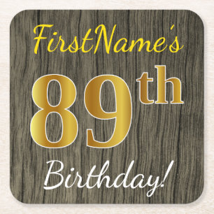 Faux Wood, Faux Gold 89th Birthday + Custom Name Square Paper Coaster