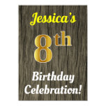[ Thumbnail: Faux Wood, Faux Gold 8th Birthday Celebration Invitation ]